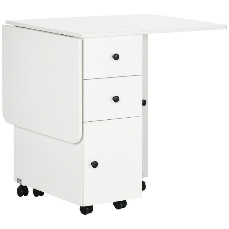 Homcom Folding Dining Table, Drop Leaf Table Top With Two Storage Drawers White