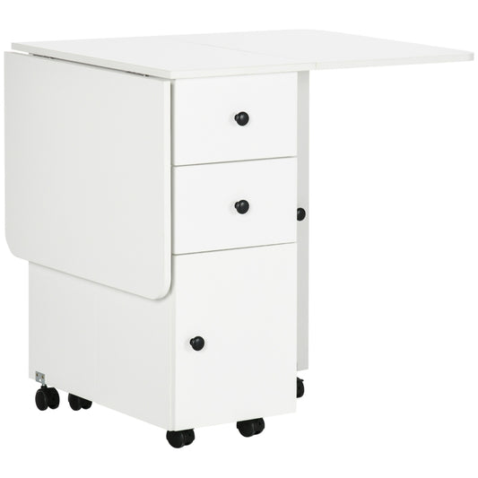 Homcom Folding Dining Table, Drop Leaf Table Top With Two Storage Drawers White