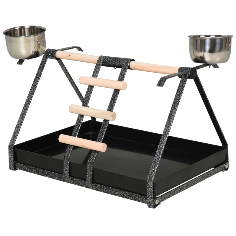 PawHut Portable Bird Stand Resting StainlessSteel Base Perch with Ladder & Bowls