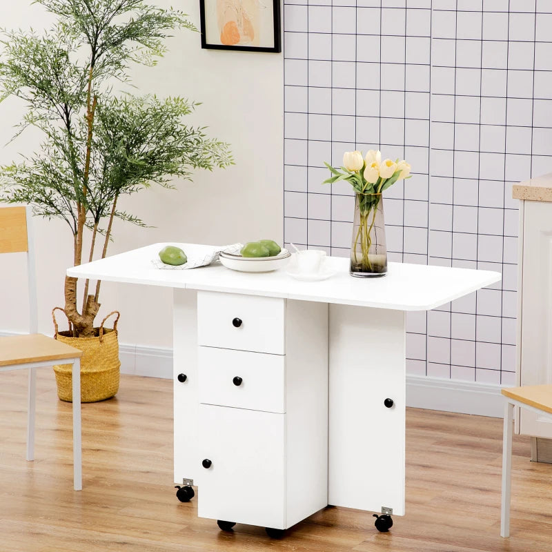 Homcom Folding Dining Table, Drop Leaf Table Top With Two Storage Drawers White