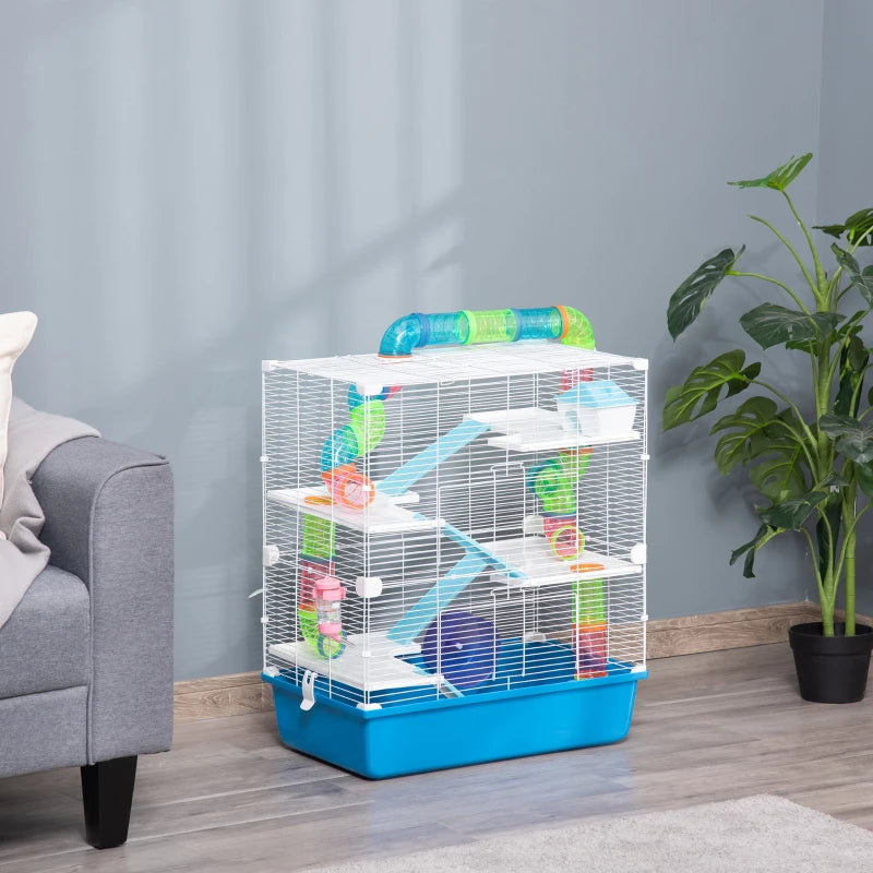 Multi-Activity 5-Level Hamster Cage w/ Tubes,Water Bottle,Exercise Wheel - Blue