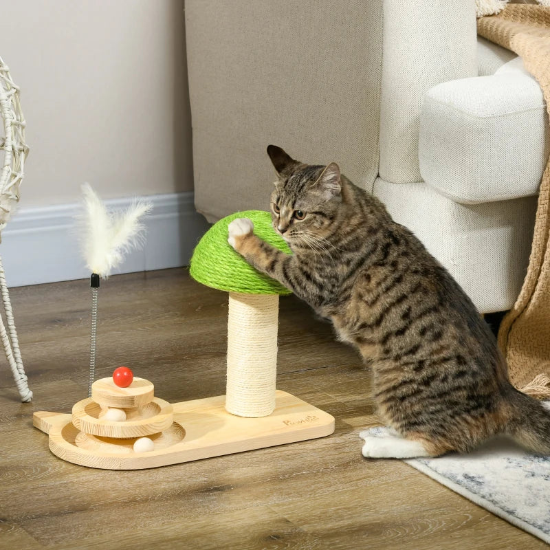 Mushroom-Shaped Cat-Scratching Post for Indoor with Toy Balls & Feather - Beige