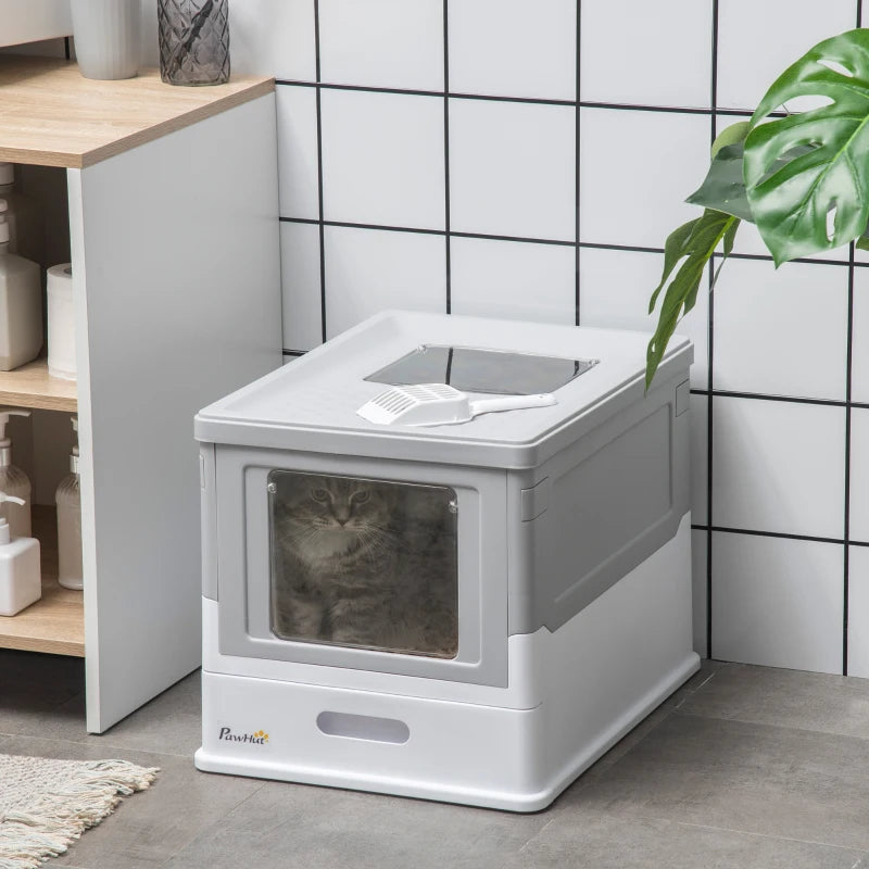 PawHut Portable Hooded Cat Litter Box Scoop Included, Litter Tray w/ 2 Exit, Grey