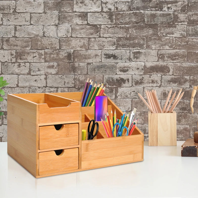 HomCom Elegant Desktop Organiser Home Office 2 x 7 Compartments, Bamboo Wood