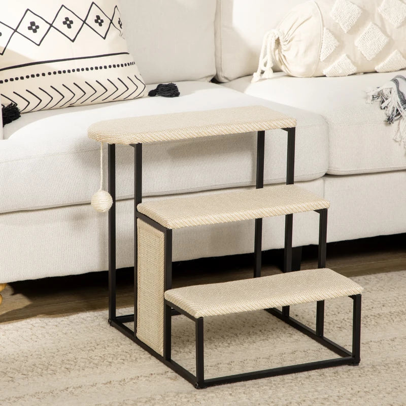 Cat 3-step Stairs with Scratching Board, Hanging Ball, Steel Frame-Cream Pawhut