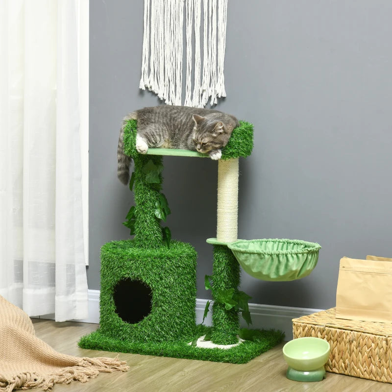 PawHut Cat Tree for Indoor Cats w/ Green Leaves, Scratching Posts 77Hx60Wx40D cm