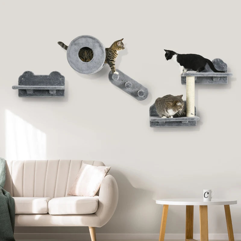 Pawhut Four-Piece Wall-Mounted Cat Tree with Platforms, Steps, Cat House - Grey