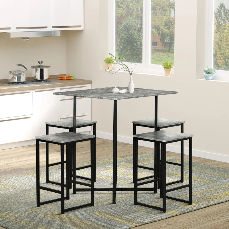 HomCom Square Bar Table w/ Dining Table Set for 4 People W/ Stools,Concrete Grey