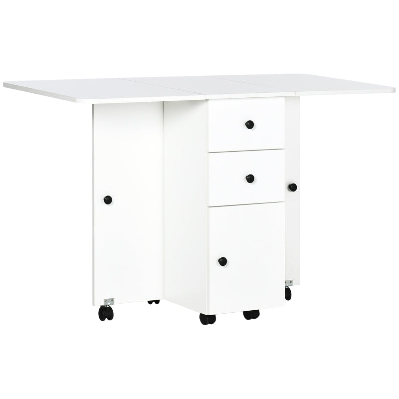 Homcom Folding Dining Table, Drop Leaf Table Top With Two Storage Drawers White
