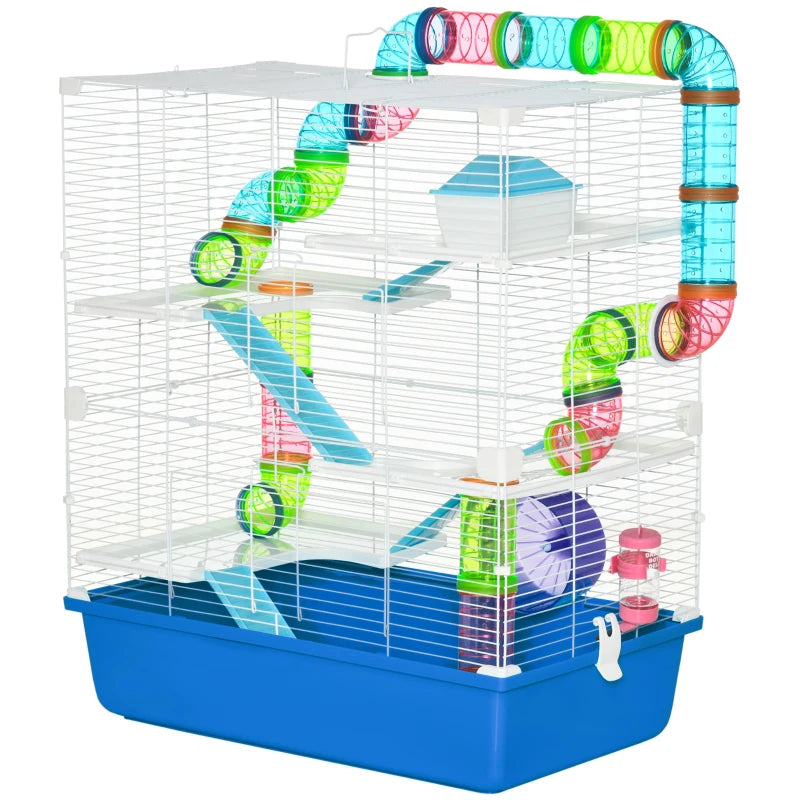 Multi-Activity 5-Level Hamster Cage w/ Tubes,Water Bottle,Exercise Wheel - Blue