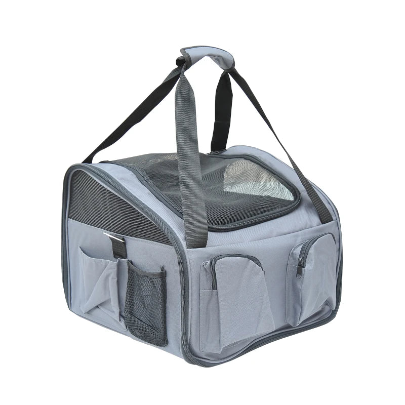 Pawhut Folding Pets Carrier Bag Car Seat Portable Travel Cage Mesh Holder | Grey