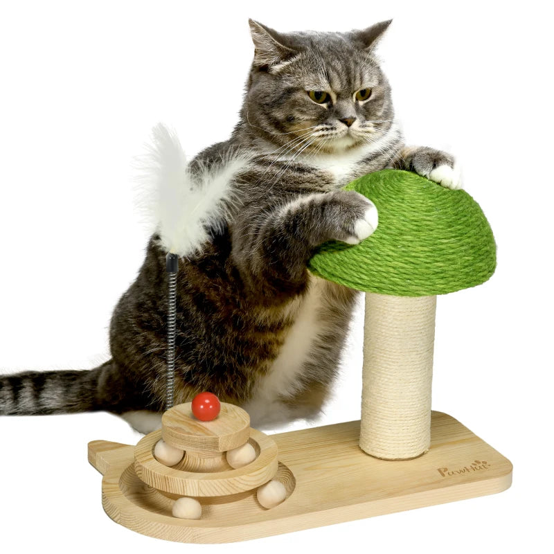 Mushroom-Shaped Cat-Scratching Post for Indoor with Toy Balls & Feather - Beige