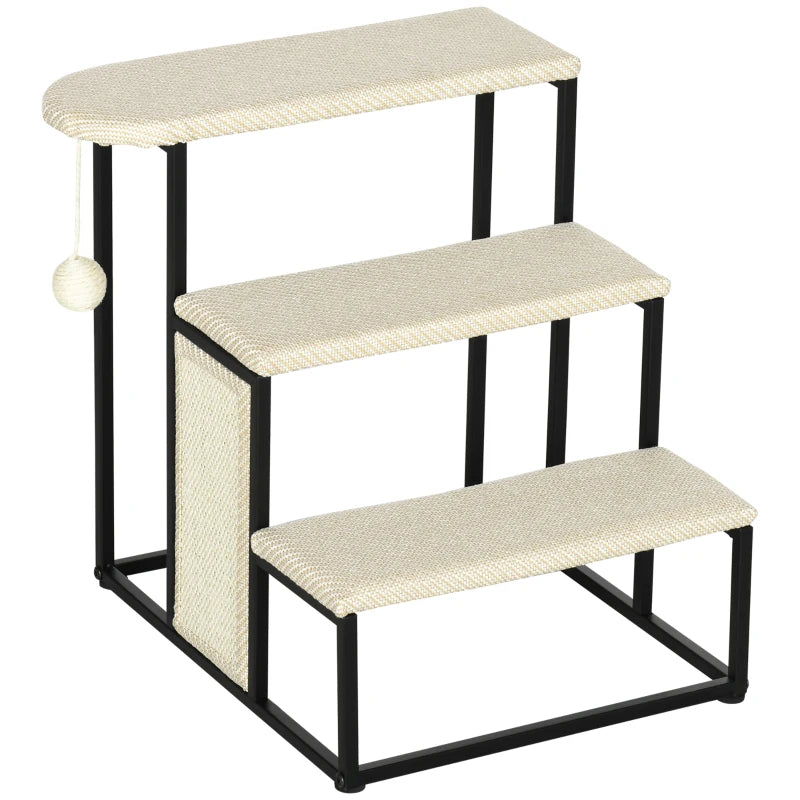 Cat 3-step Stairs with Scratching Board, Hanging Ball, Steel Frame-Cream Pawhut