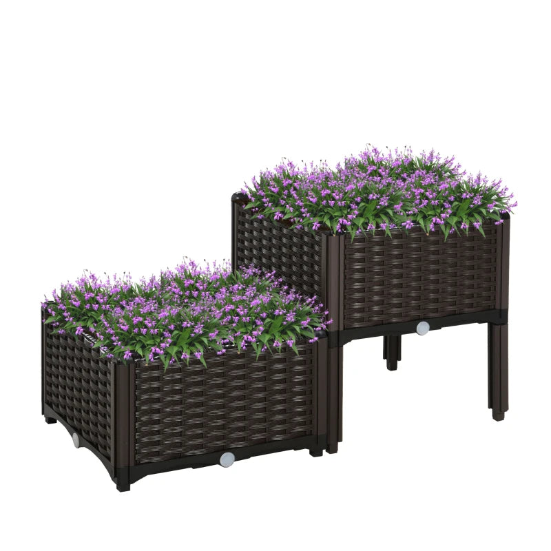 Outsunny PP Set Of 2 Raised Outdoor Garden Planter Box, 40Lx40Wx44Hcm,Brown