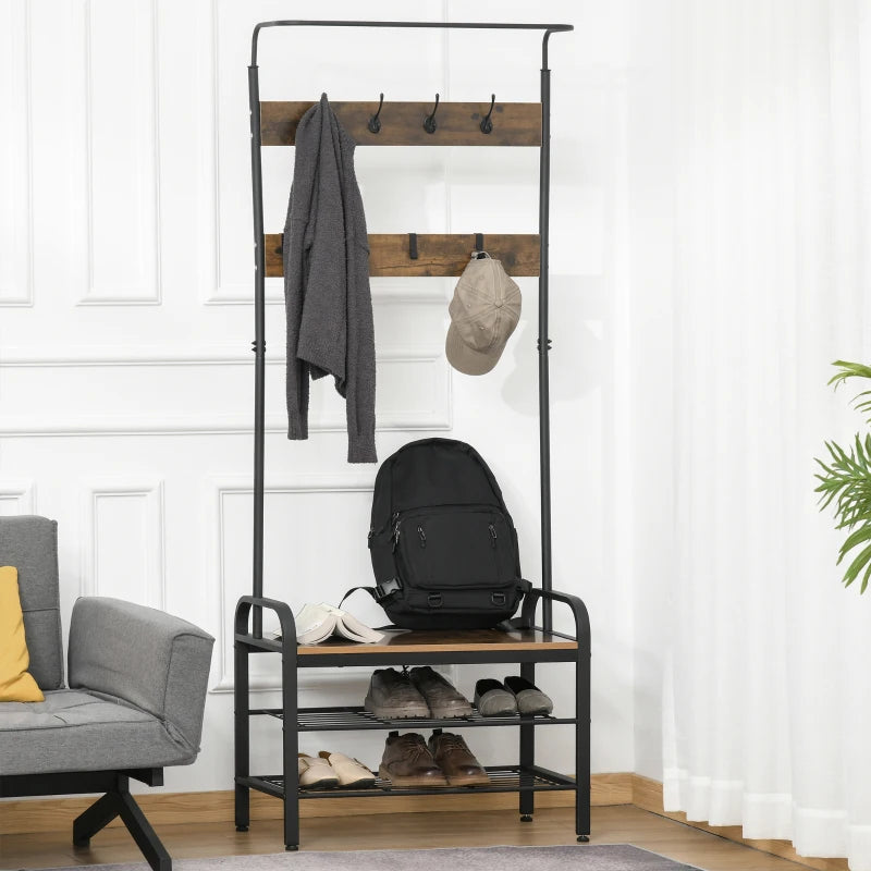 HOMCOM Coat & Shoe Rack Removable Hooks Metal Wood ,72×34×185(cm), Rustic Brown