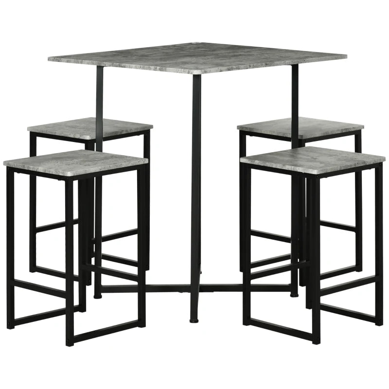 HomCom Square Bar Table w/ Dining Table Set for 4 People W/ Stools,Concrete Grey