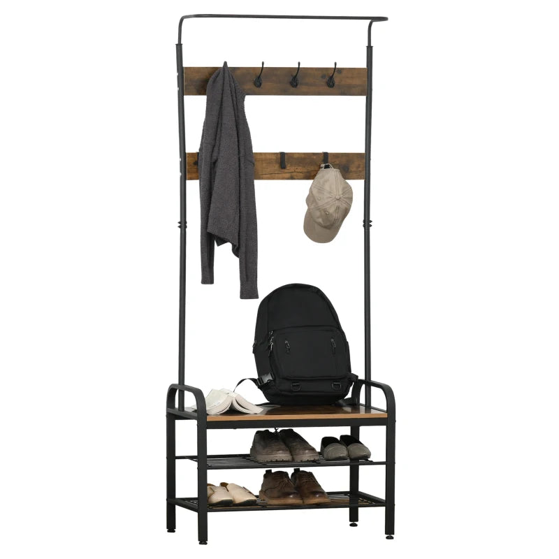 HOMCOM Coat & Shoe Rack Removable Hooks Metal Wood ,72×34×185(cm), Rustic Brown