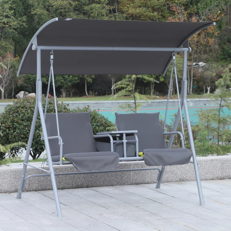 Outsunny Steel Frame 2-Seater Swing Chair with Table & Cup Storage Holder Grey