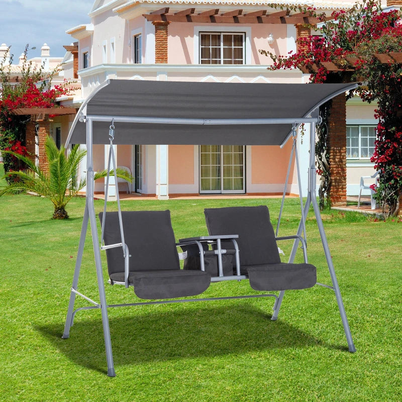 Outsunny Steel Frame 2-Seater Swing Chair with Table & Cup Storage Holder Grey