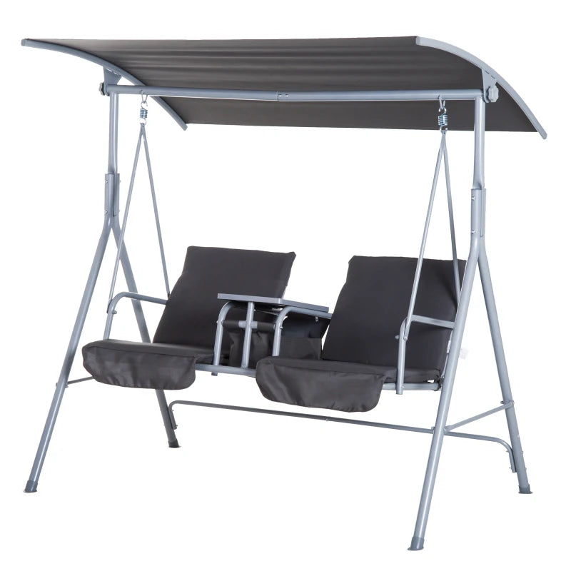 Outsunny Steel Frame 2-Seater Swing Chair with Table & Cup Storage Holder Grey