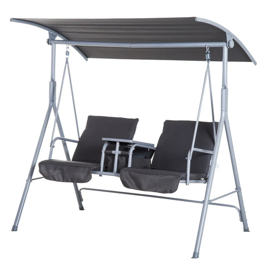 Outsunny Steel Frame 2-Seater Swing Chair with Table & Cup Storage Holder Grey