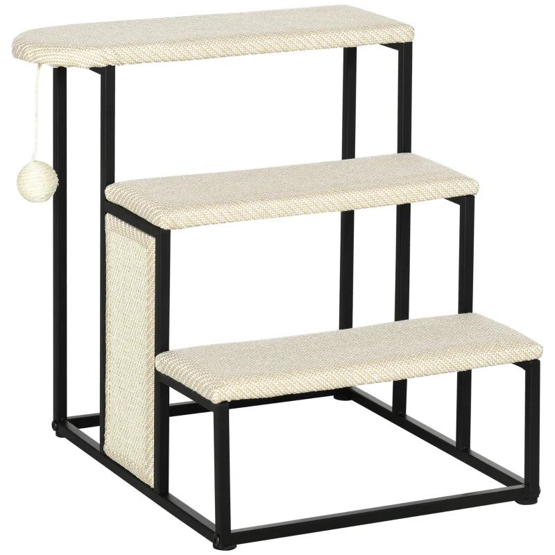 Cat 3-step Stairs with Scratching Board, Hanging Ball, Steel Frame-Cream Pawhut