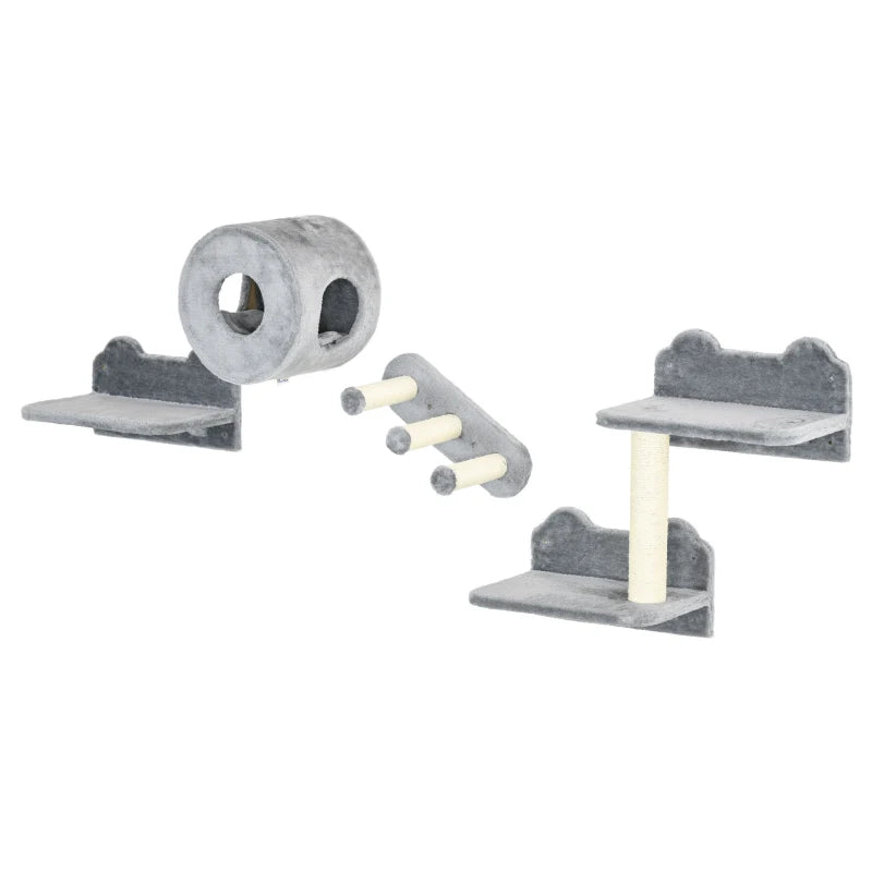 Pawhut Four-Piece Wall-Mounted Cat Tree with Platforms, Steps, Cat House - Grey