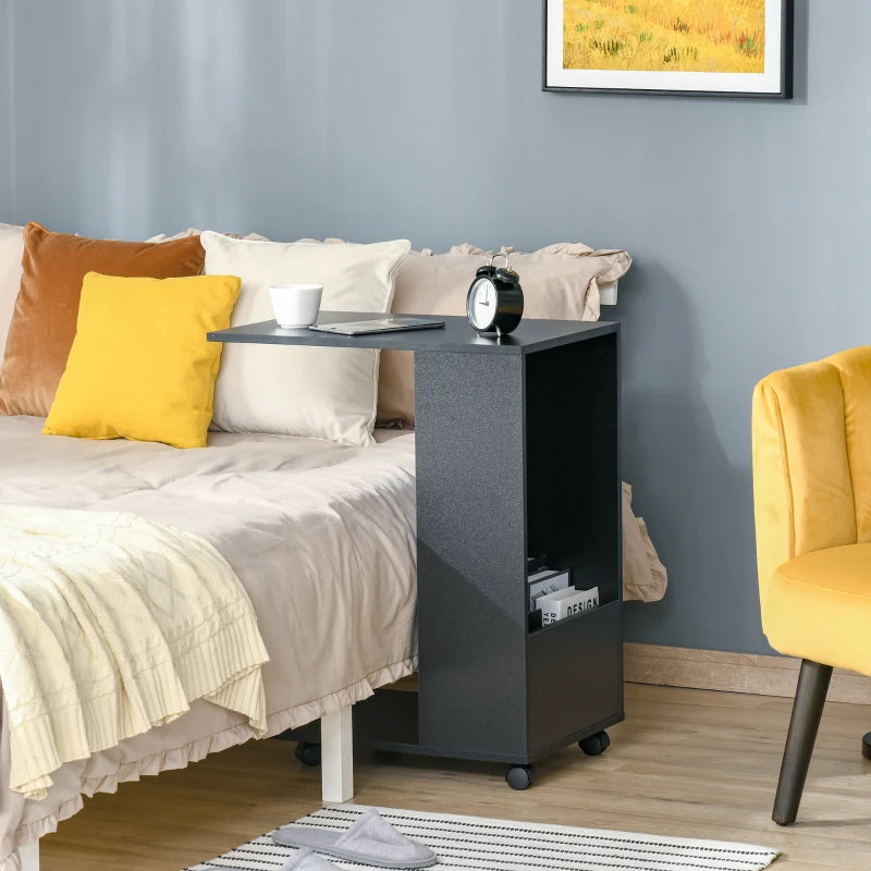C-Shaped Sofa Side Table for Laptop Coffee w/ Storage and Casters, Homcom Black
