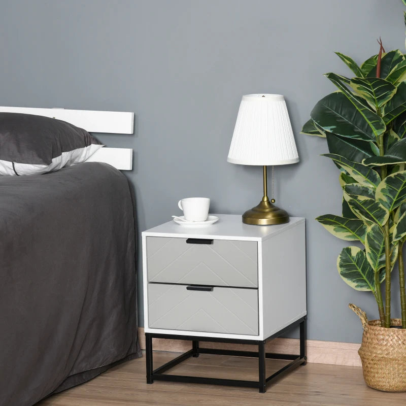 HOMCOM Bedside Cabinet w/ 2 Drawer Storage Unit, Bedroom Table, Metal Base-White