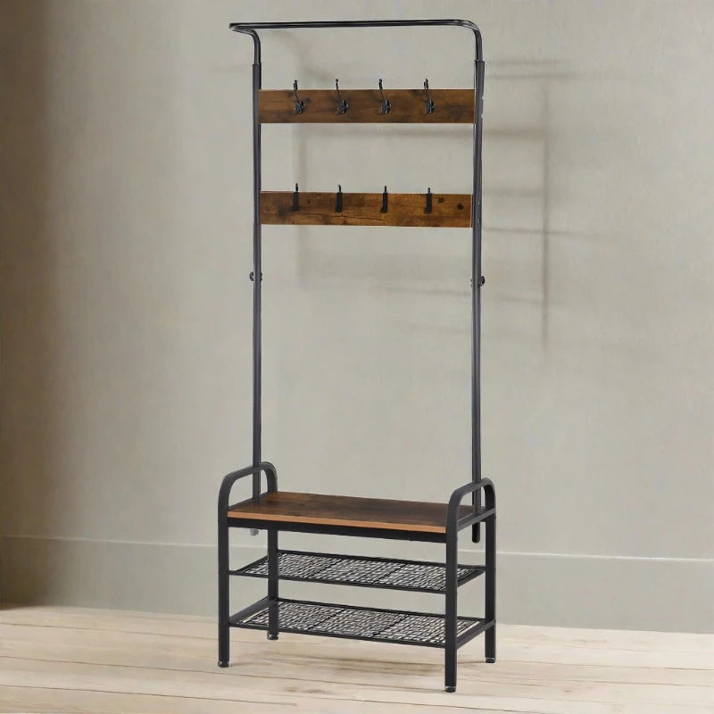 HOMCOM Coat & Shoe Rack Removable Hooks Metal Wood ,72×34×185(cm), Rustic Brown