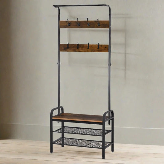 HOMCOM Coat & Shoe Rack Removable Hooks Metal Wood ,72×34×185(cm), Rustic Brown