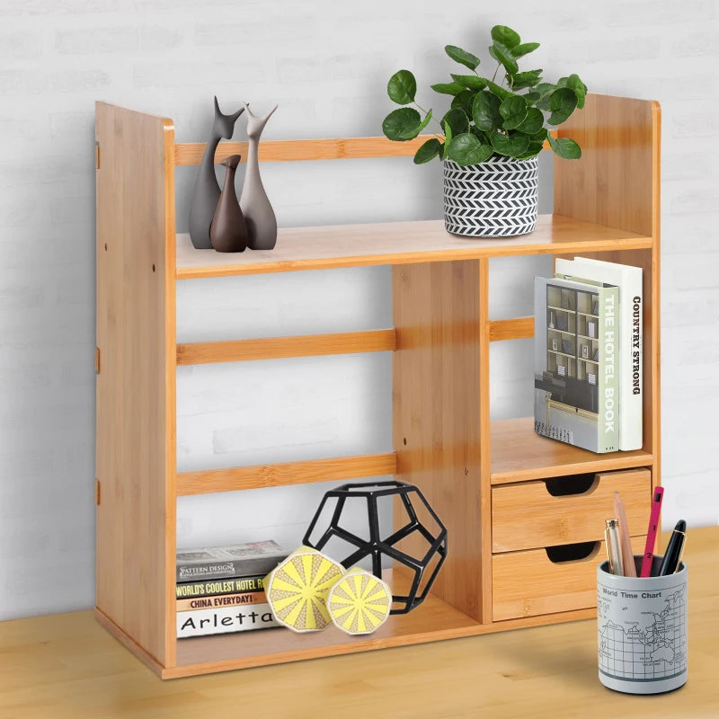 Homcom Elegent Desk Organiser Bookshelf 180° Rotatable 2 Drawers Bamboo | 1 Pcs