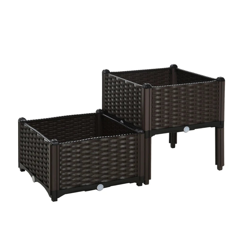 Outsunny PP Set Of 2 Raised Outdoor Garden Planter Box, 40Lx40Wx44Hcm,Brown
