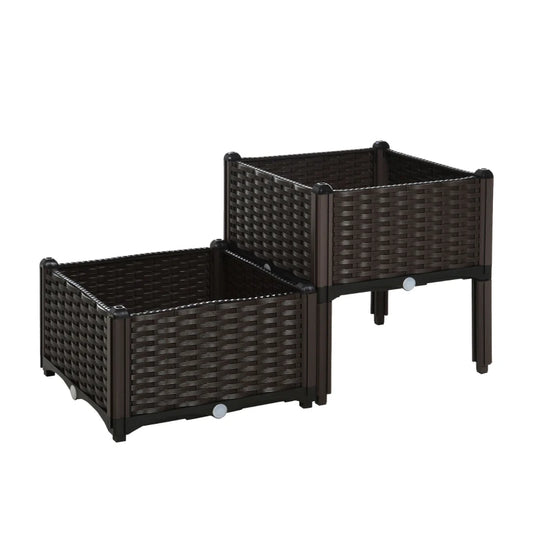 Outsunny PP Set Of 2 Raised Outdoor Garden Planter Box, 40Lx40Wx44Hcm,Brown