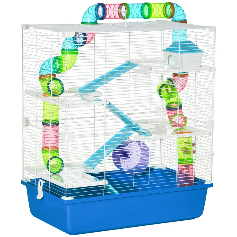 Multi-Activity 5-Level Hamster Cage w/ Tubes,Water Bottle,Exercise Wheel - Blue