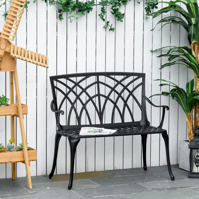 Outsunny Ergonomic 2-Seater Cast Aluminium Garden Bench Loveseat Armrest, 1 Pcs