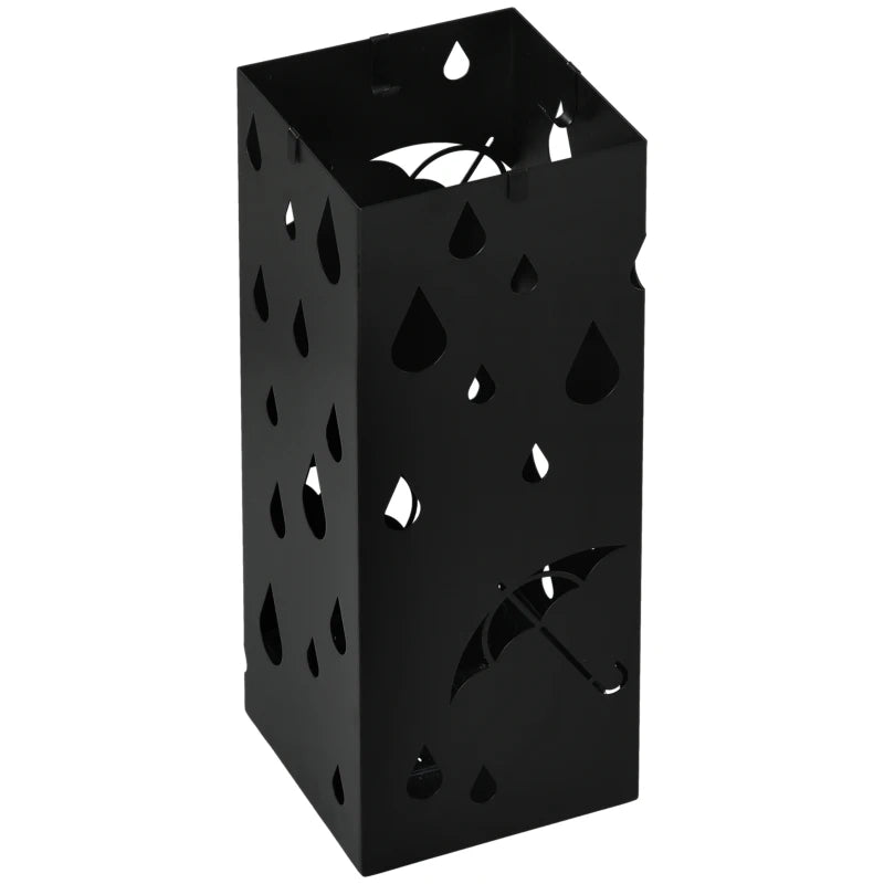 HOMCOM Heavy Duty Square Umbrella Basket w/ 4 Hooks & Drip Tray | Black, Metal