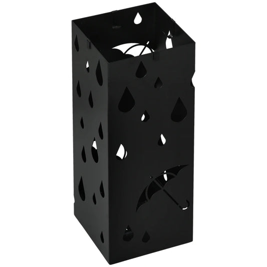 HOMCOM Heavy Duty Square Umbrella Basket w/ 4 Hooks & Drip Tray | Black, Metal