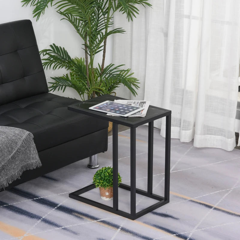 New C-Shape Side Table Marble-Effect Top Metal Frame Space-Saving Furniture