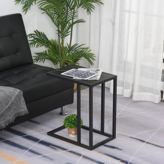 New C-Shape Side Table Marble-Effect Top Metal Frame Space-Saving Furniture