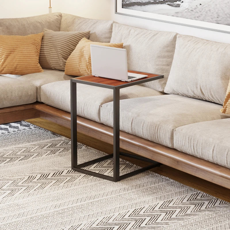 Homcom C-Shaped Sofa Side Table Wooden Modern Coffee w/ Black Metal Base-Walnut