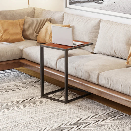 Homcom C-Shaped Sofa Side Table Wooden Modern Coffee w/ Black Metal Base-Walnut