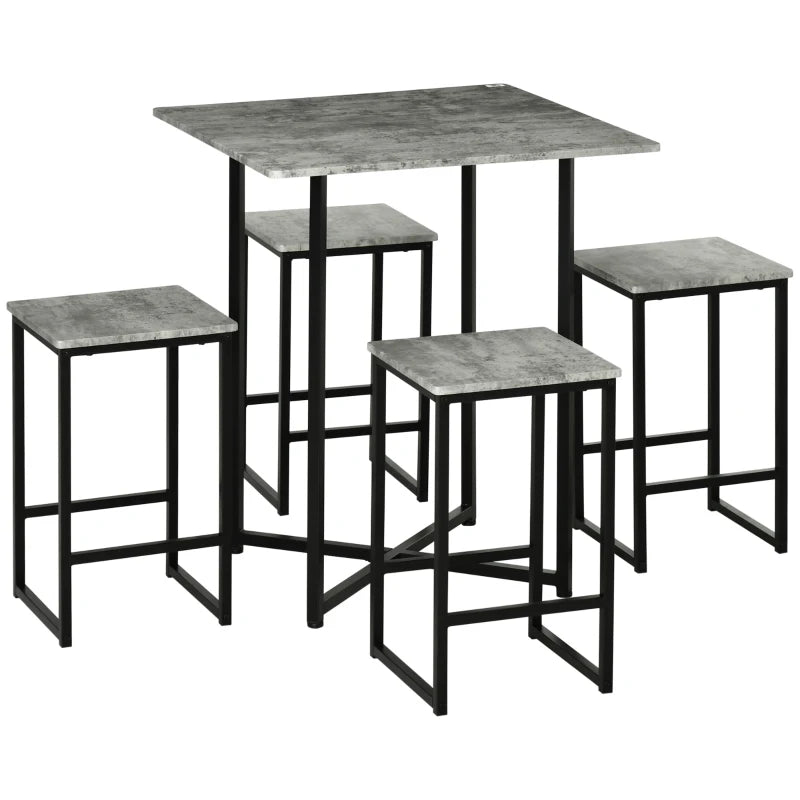 HomCom Square Bar Table w/ Dining Table Set for 4 People W/ Stools,Concrete Grey