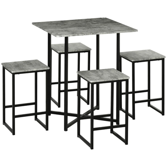 HomCom Square Bar Table w/ Dining Table Set for 4 People W/ Stools,Concrete Grey