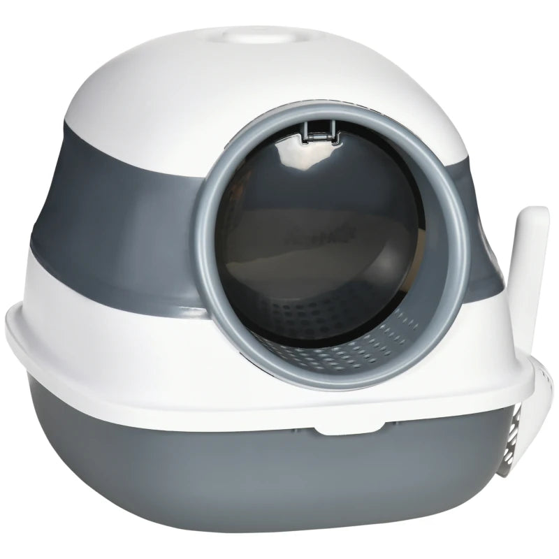PawHut Hooded Cat Litter Tray w/ Lid,Large Two-way Entrance, Scoop Included,Grey