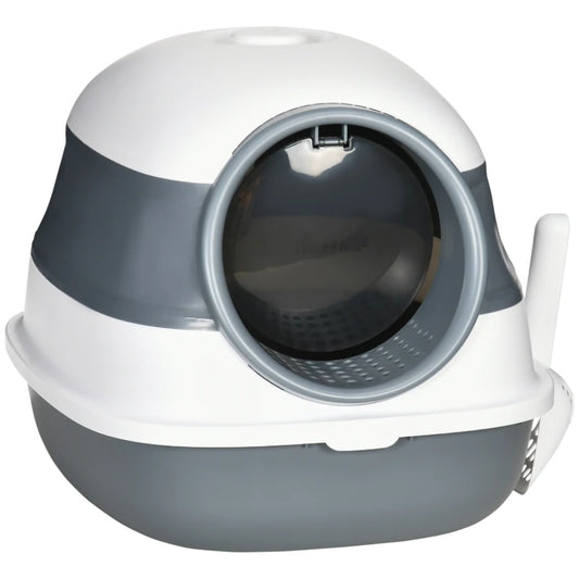 PawHut Hooded Cat Litter Tray w/ Lid,Large Two-way Entrance, Scoop Included,Grey