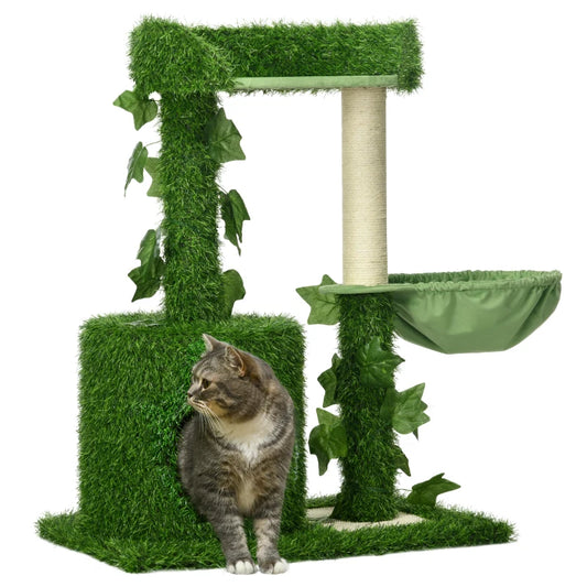 PawHut Cat Tree for Indoor Cats w/ Green Leaves, Scratching Posts 77Hx60Wx40D cm