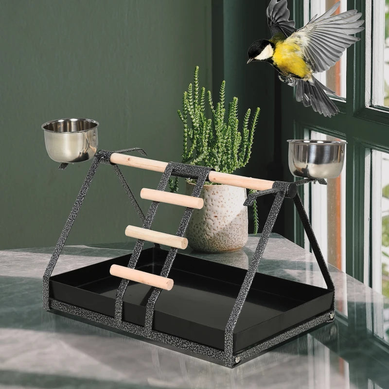 PawHut Portable Bird Stand Resting StainlessSteel Base Perch with Ladder & Bowls