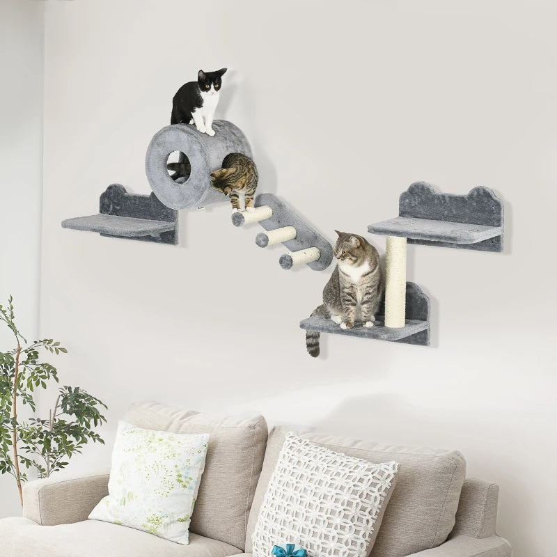 Pawhut Four-Piece Wall-Mounted Cat Tree with Platforms, Steps, Cat House - Grey