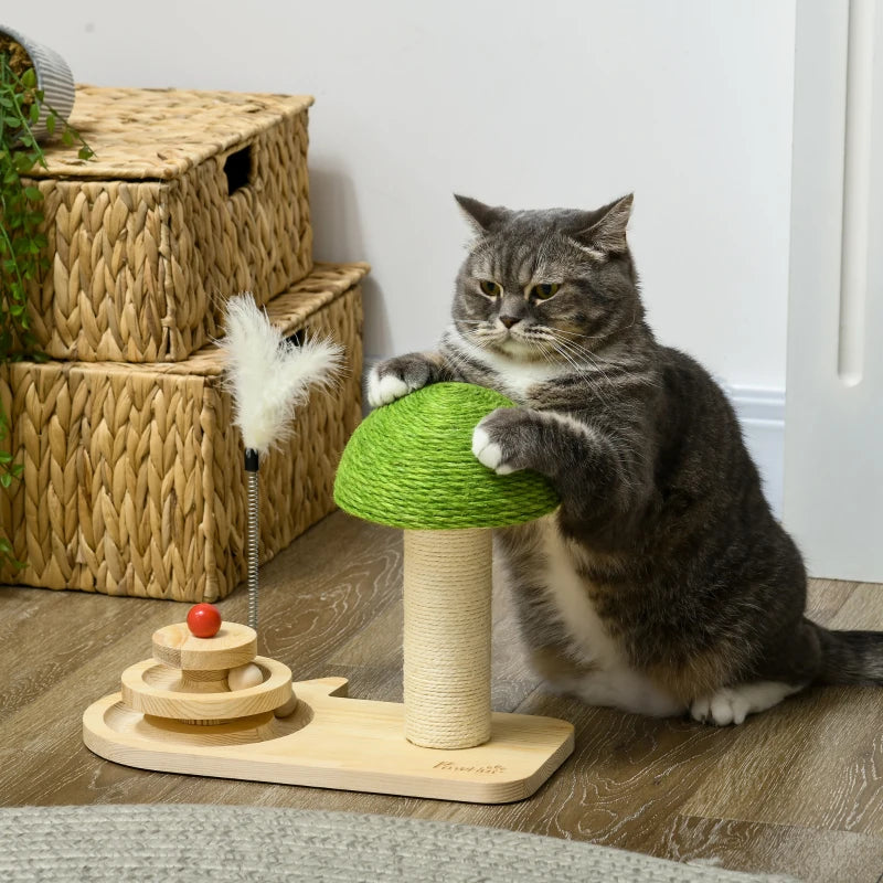 Mushroom-Shaped Cat-Scratching Post for Indoor with Toy Balls & Feather - Beige